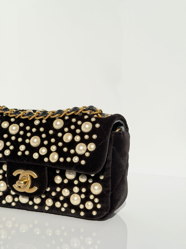 Chanel Black Velvet Mini Pearl Flap Bag