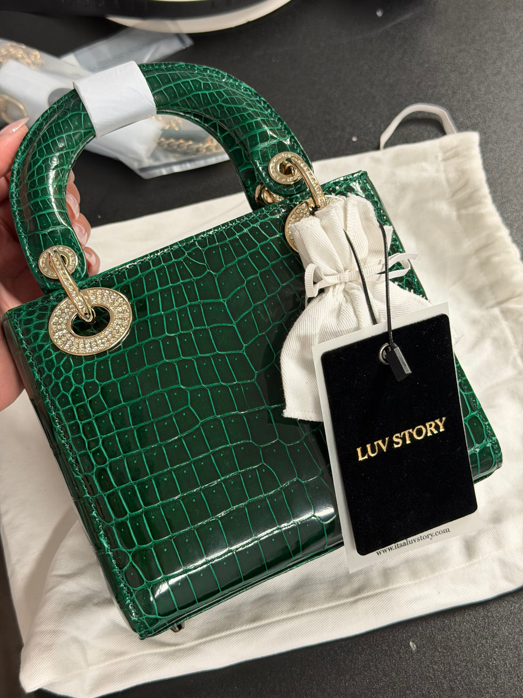 Dior Emerald Crocodile Mini Lady Dior Top Handle Diamond Gold Hardware 2022
