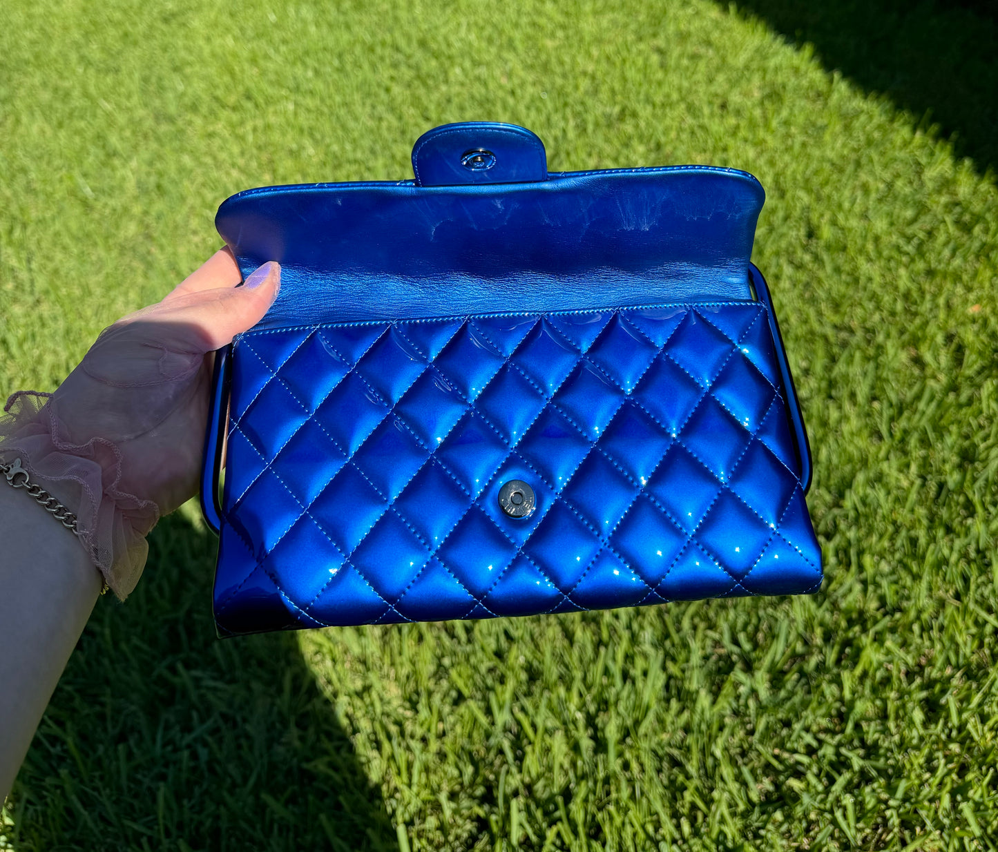 Chanel Classic Flap Patent Metallic Blue Frame Clutch