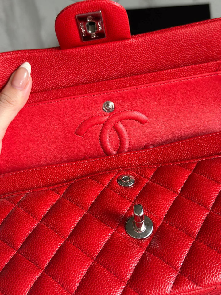 Chanel Small Classic Double Flap Caviar Red Silver Hardware 2020