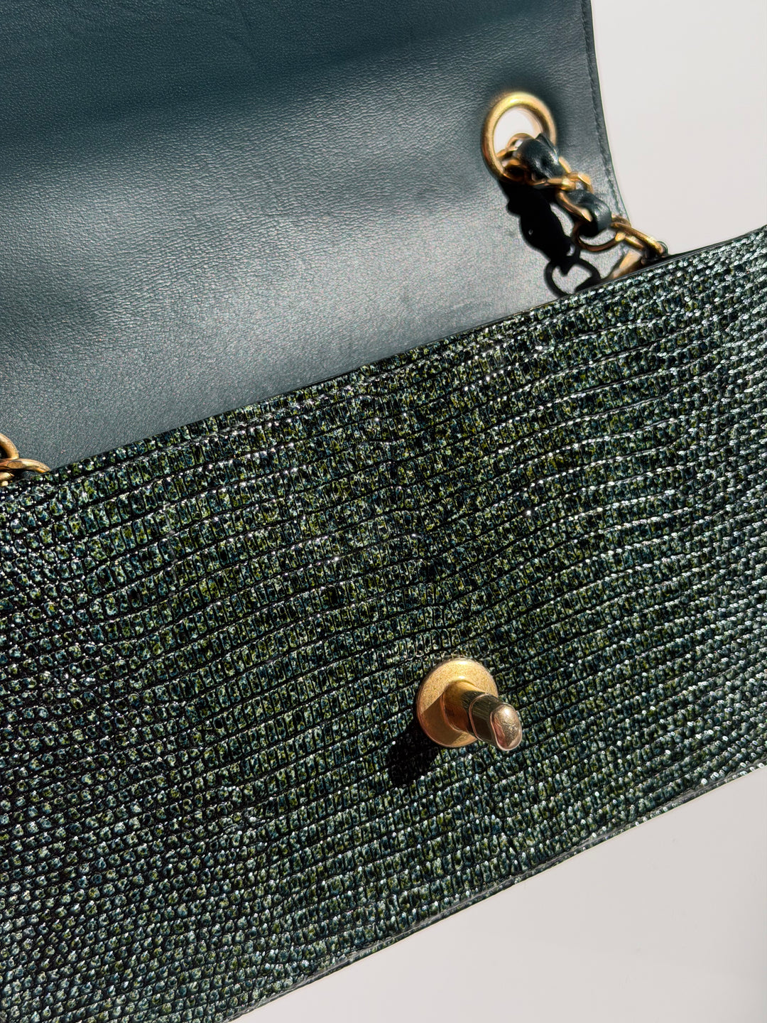 Chanel Mini Flap Green Lizard Brushed Gold Hardware 2018