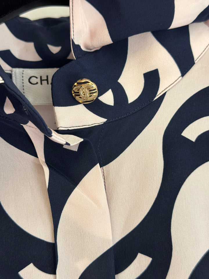Chanel 2021 Navy/Pink Silk Wave Shirt & Pants Set