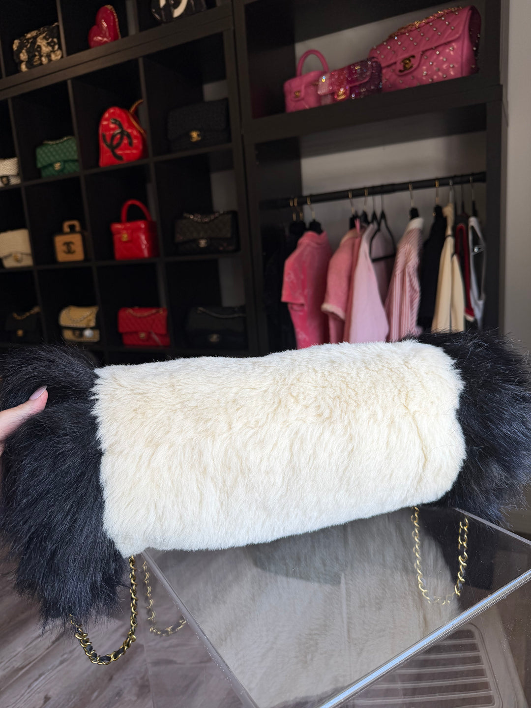Chanel Jumbo Hand Warmer Shoulder Bag Black Faux Fur Gold Hardware 1990s
