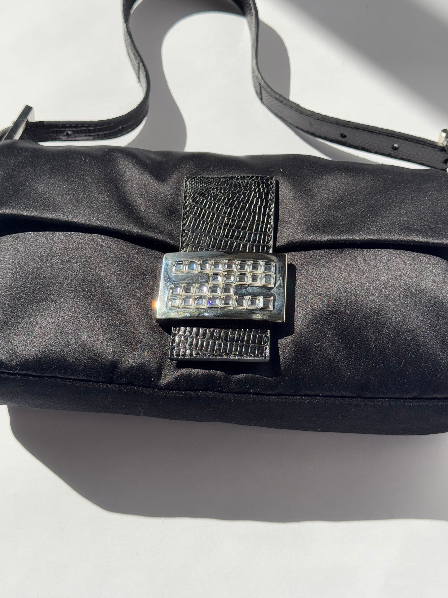 Fendi Black Satin Crystal Baguette With Lizard Trim