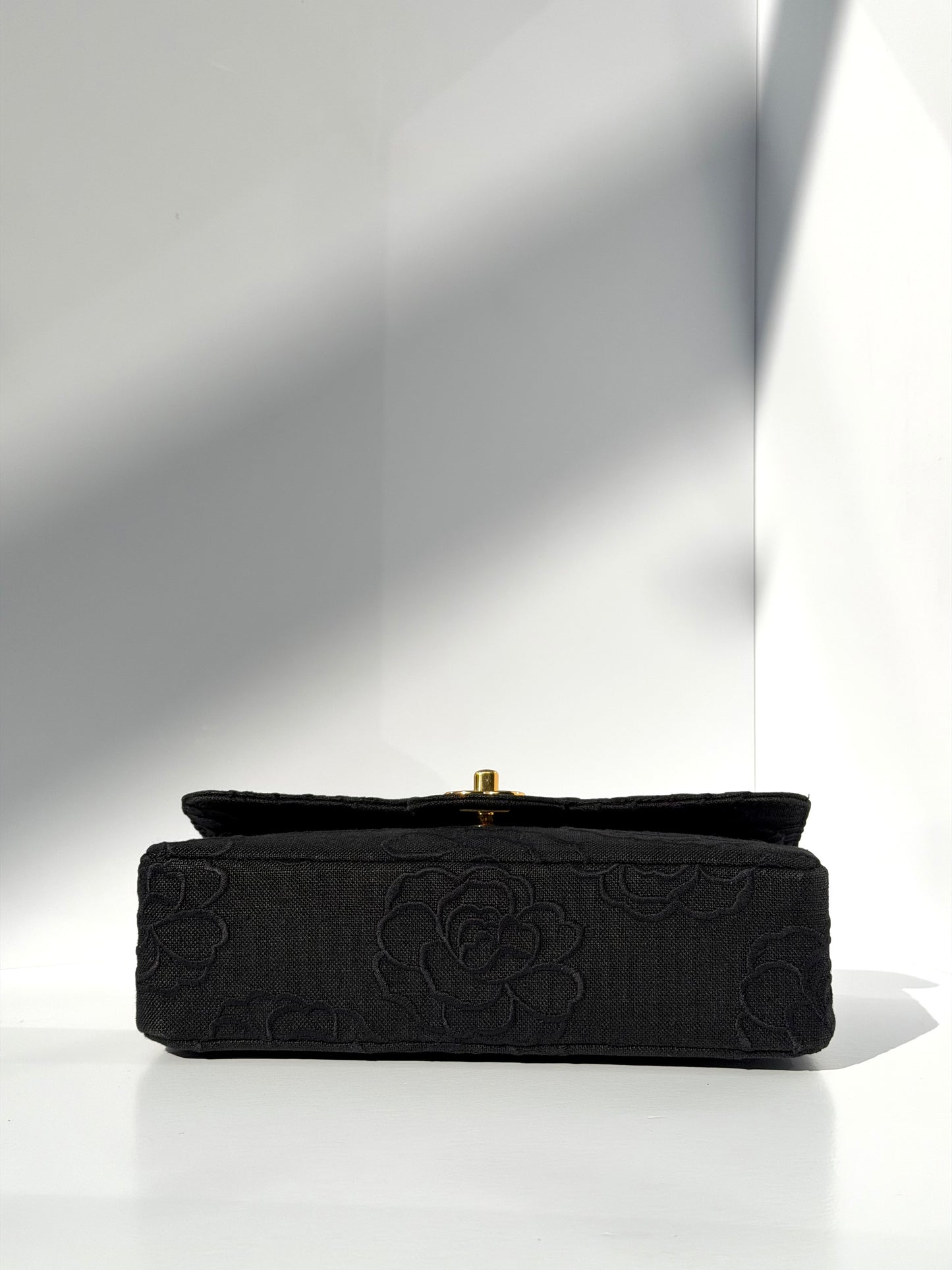 Chanel 1997 Small 24K Black Camellia Classic Flap Bag