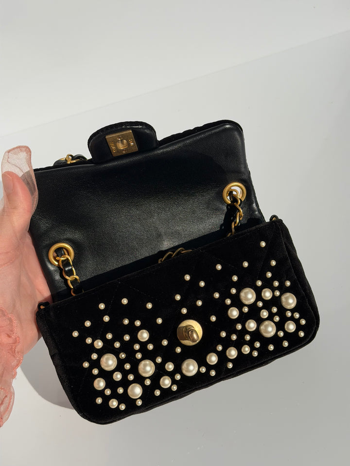 Chanel Black Velvet Mini Pearl Flap Bag