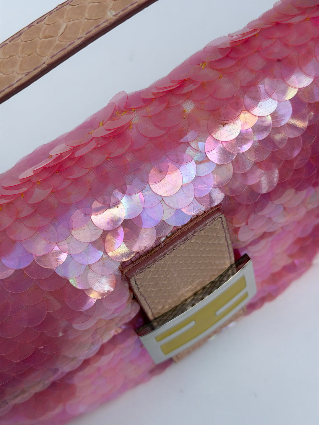 Fendi Pink Sequin Baguette Python Trim Silver Hardware 1998