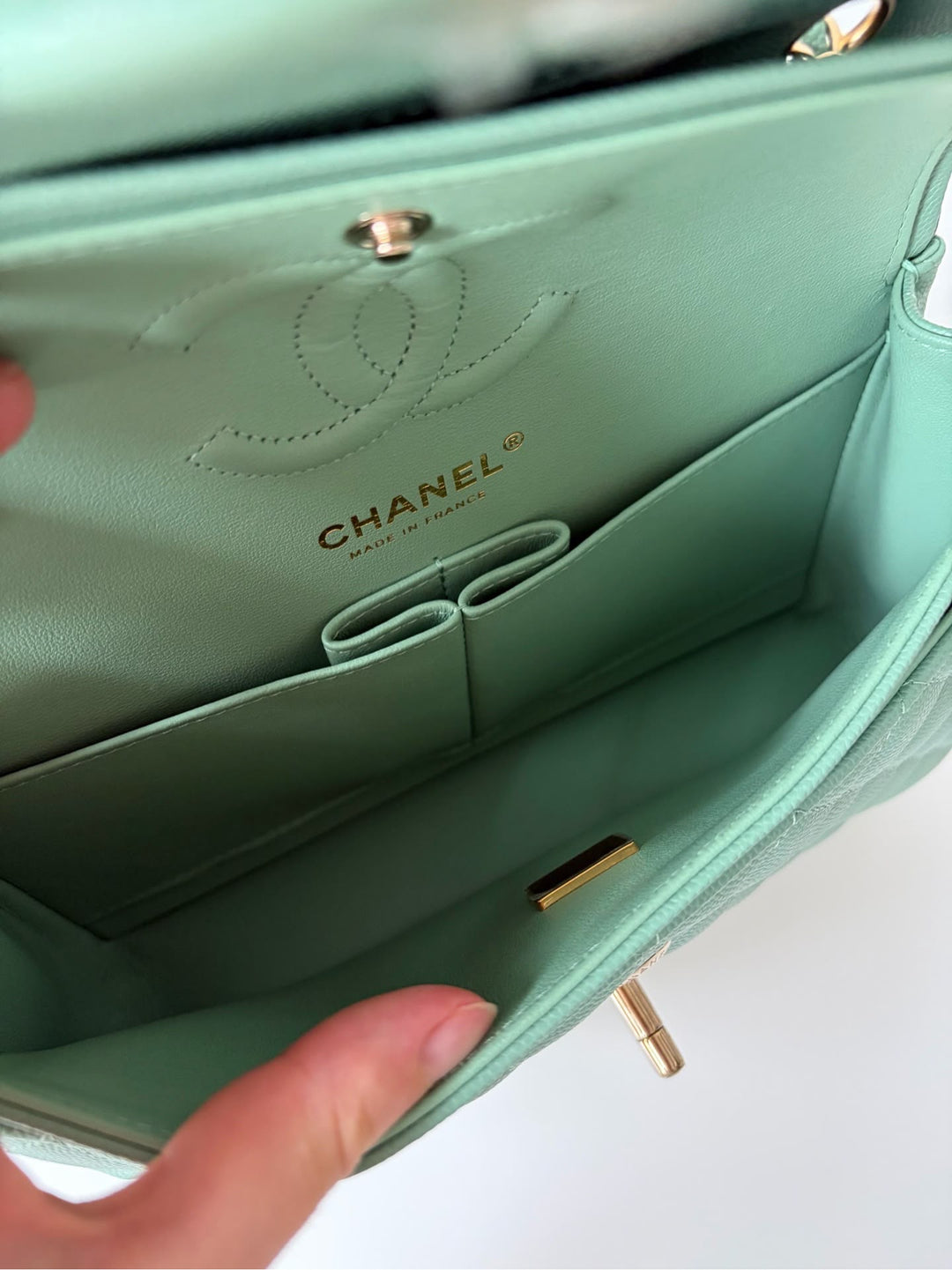 Chanel Small Classic Double Flap Caviar Green Light Gold Hardware 2023
