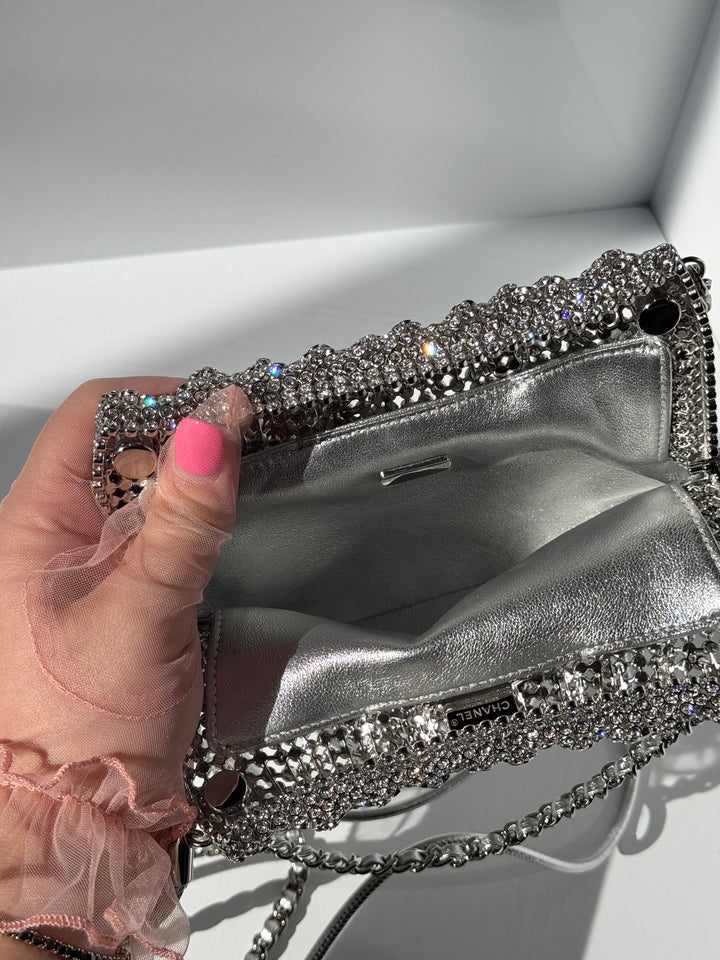 Chanel Mini Chanel 22 Crystal Embellished Metallic Lambskin Silver Silver Hardware
