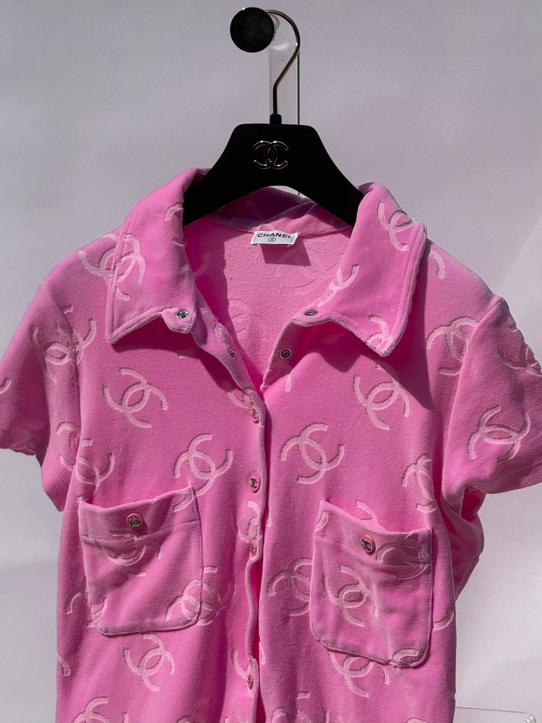 Chanel Spring 1996 Pink Velour CC Button Top X EstherandSasha