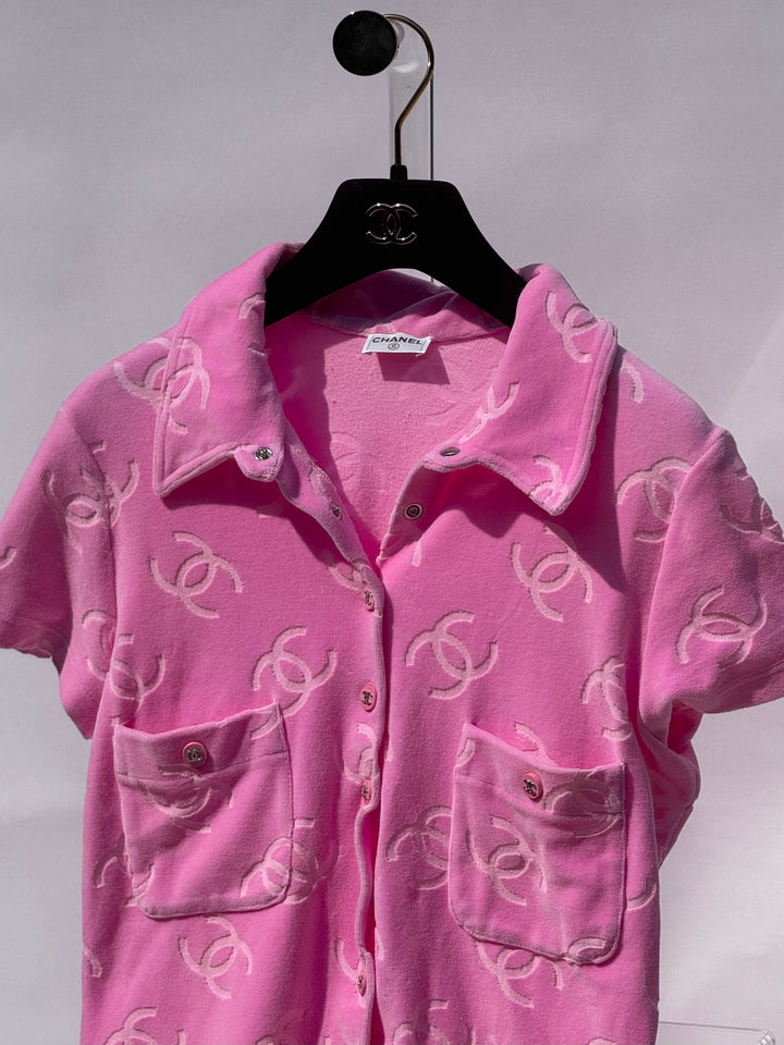 Chanel Spring 1996 Pink Velour CC Button Top X EstherandSasha