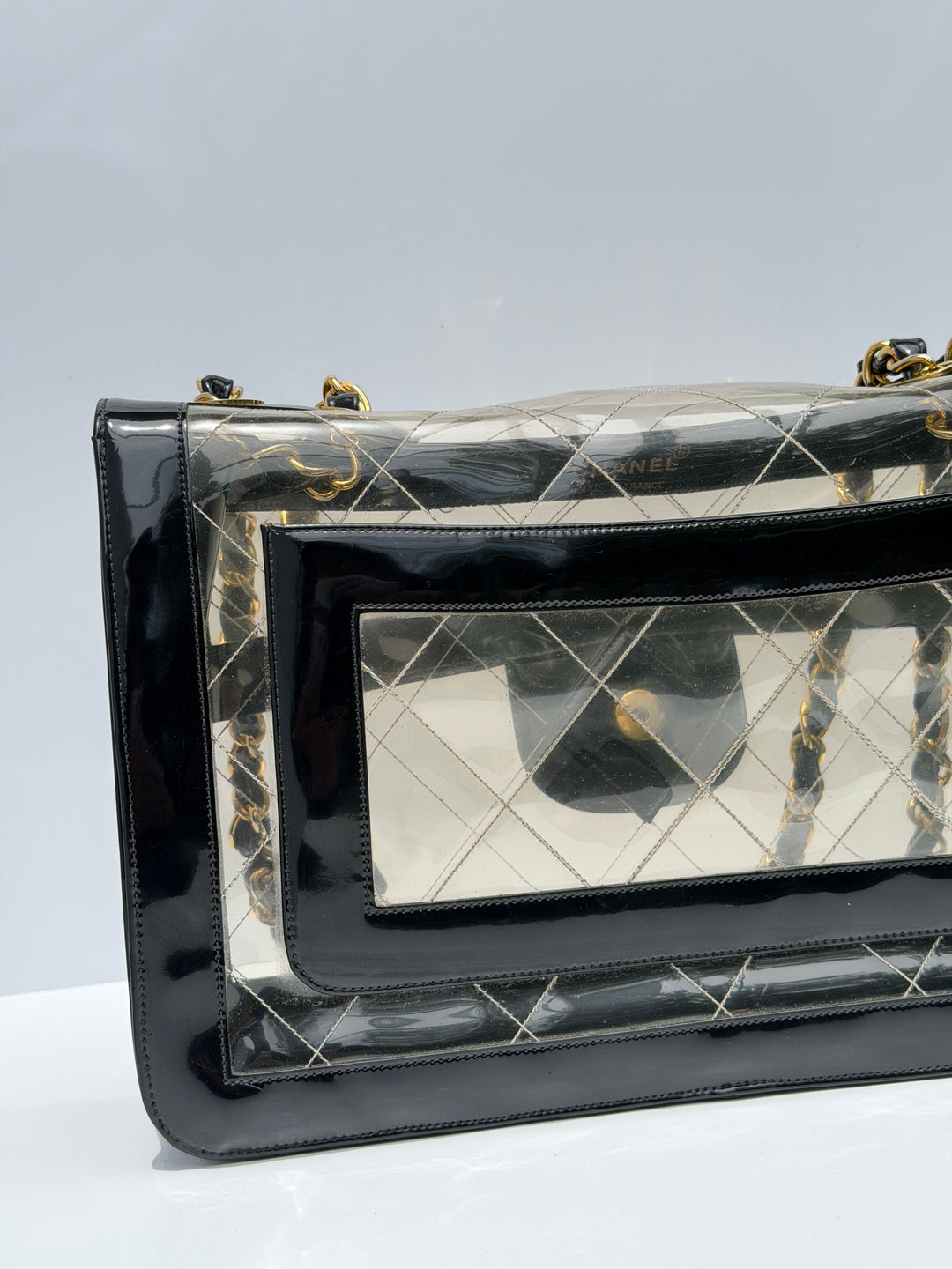 Chanel Maxi Classic Flap Bag Clear Vinyl Black Patent Leather Gold Hardware 1994
