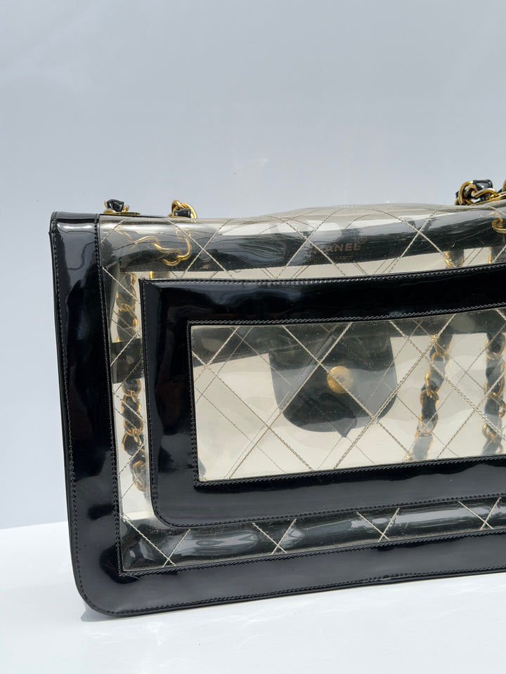 Chanel Maxi Classic Flap Bag Clear Vinyl Black Patent Leather Gold Hardware 1994