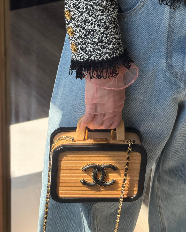 Chanel CC Square Vanity Case Beech Wood & Black Lambskin Brushed Gold Hardware 2022