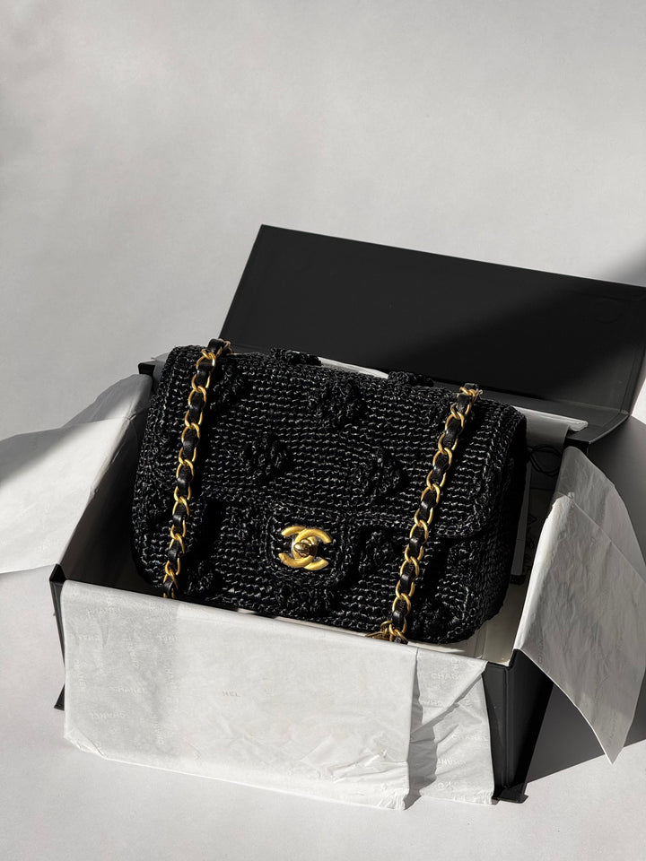 Chanel 24P Black Braided Raffia Mini Flap Bag