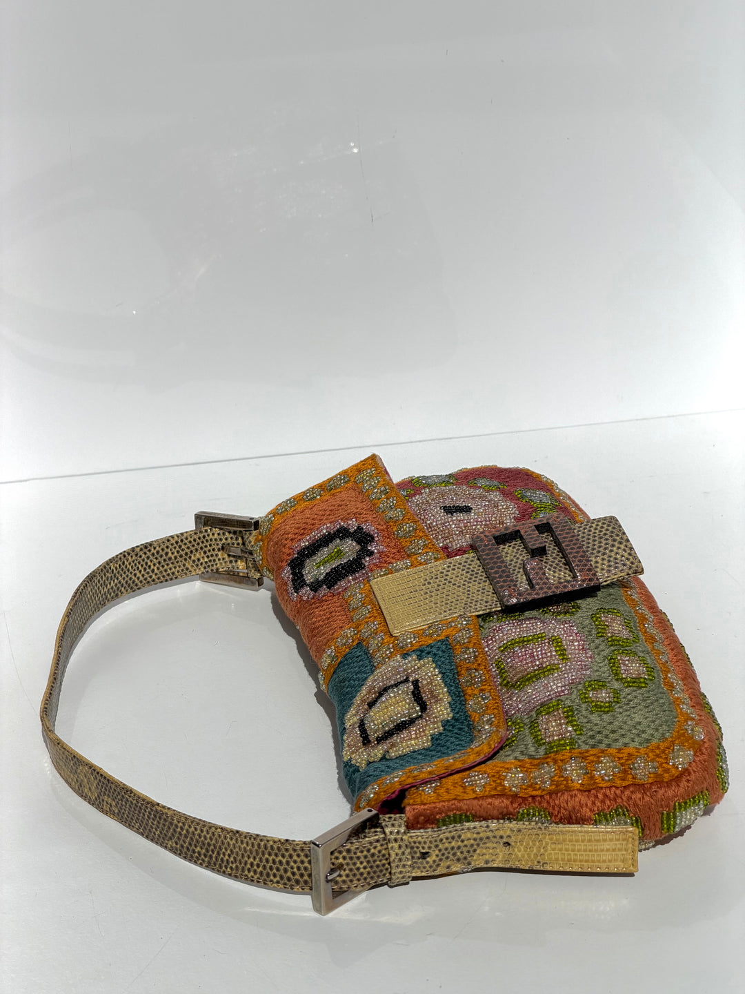Fendi Multicolor Orange Beaded Baguette Lizard Trim Silver Hardware