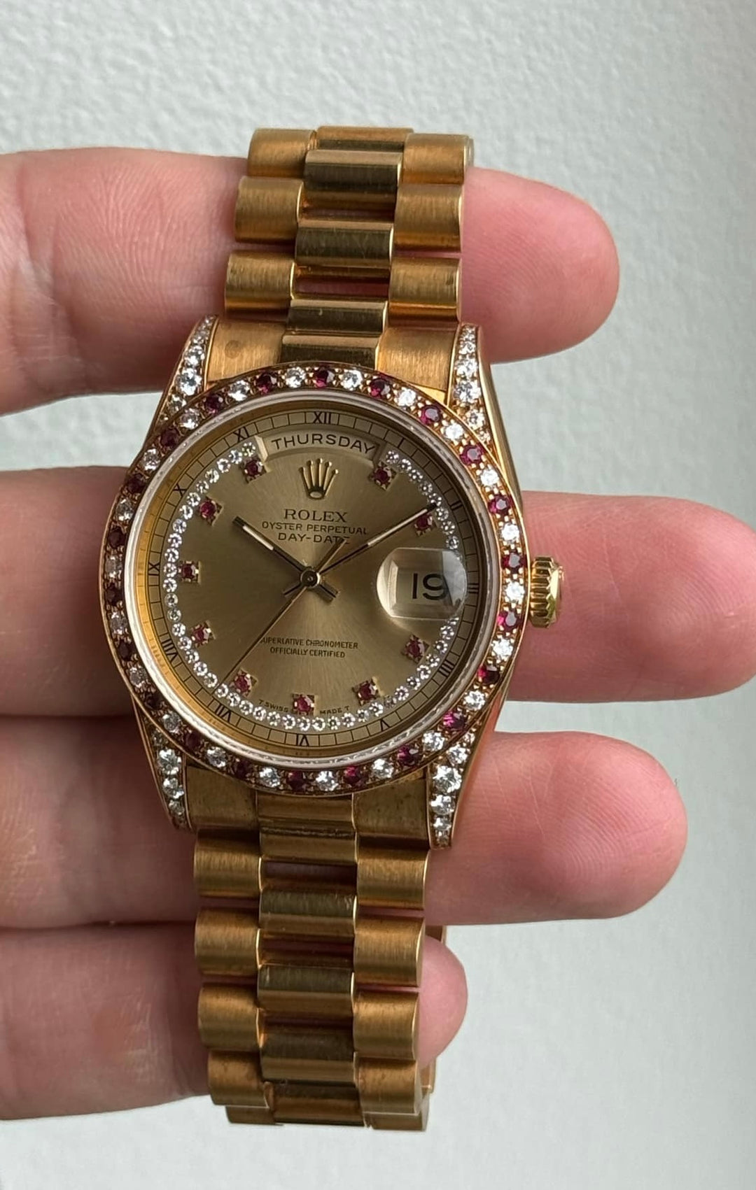 Vintage 1990 Rolex Day-Date 36mm Yellow Gold, Ruby String Dial Diamond Watch