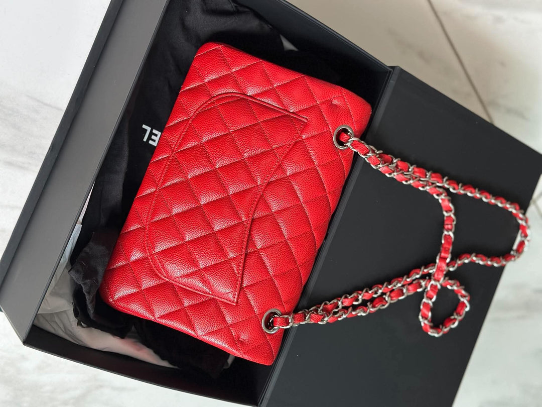 Chanel Small Classic Double Flap Caviar Red Silver Hardware 2020
