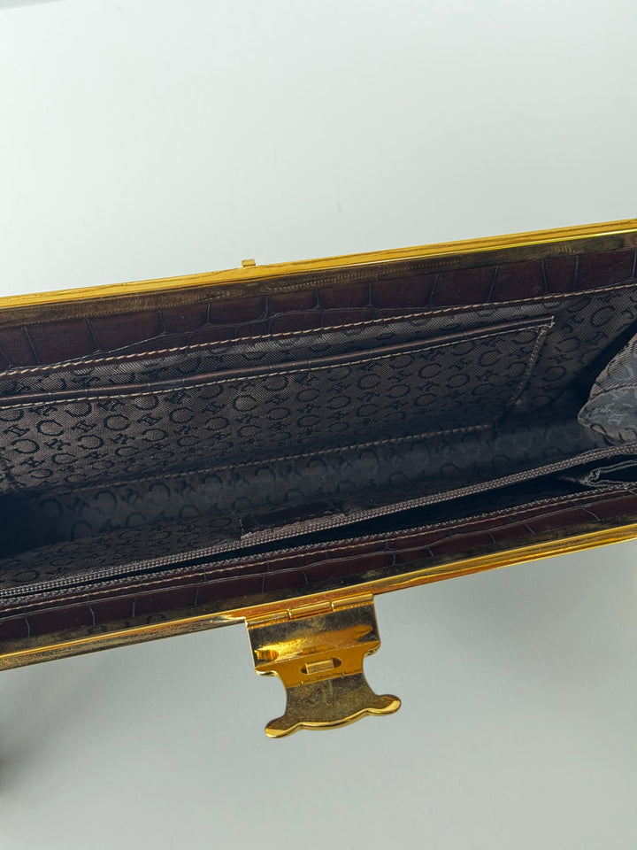 Celine Croc Embossed Brown Shoulder Clutch Bag