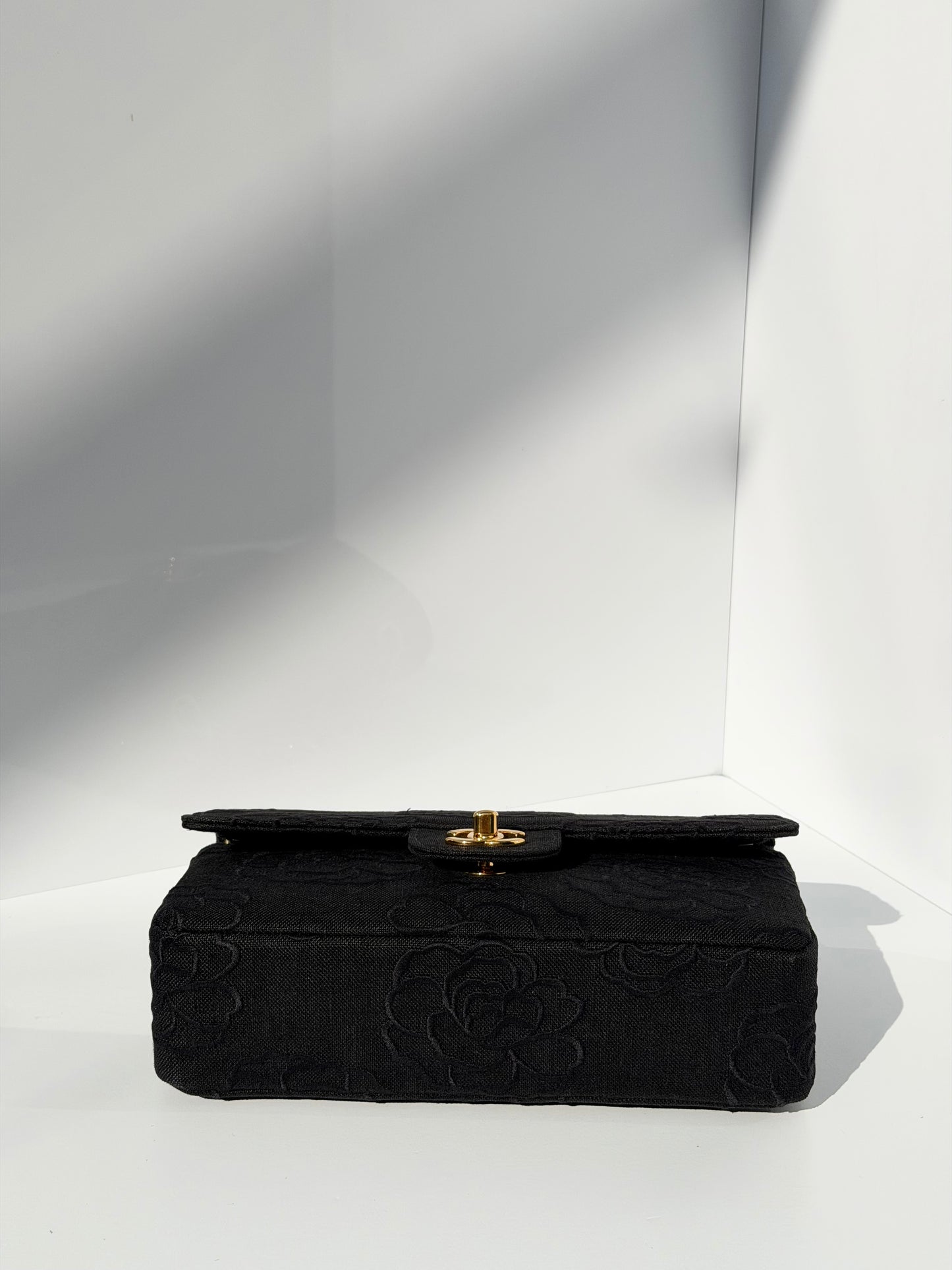 Chanel 1997 Small 24K Black Camellia Classic Flap Bag