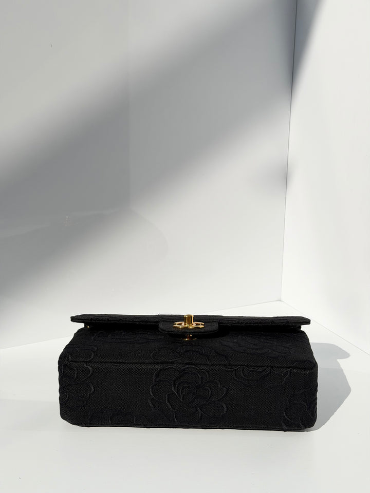 Chanel 1997 Small 24K Black Camellia Classic Flap Bag