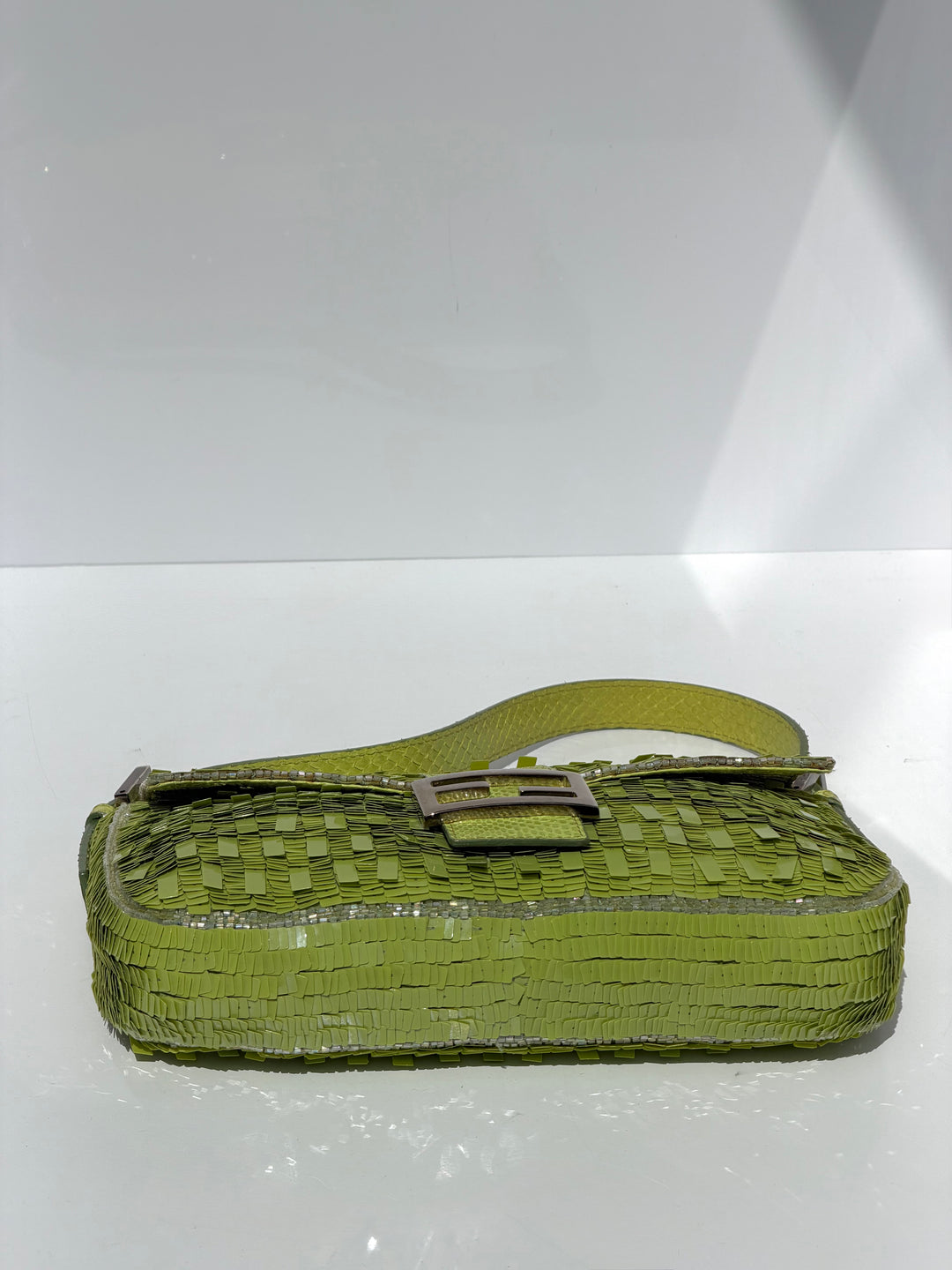 Fendi Lime Green Sequin Baguette Python Trim Silver Hardware 2000