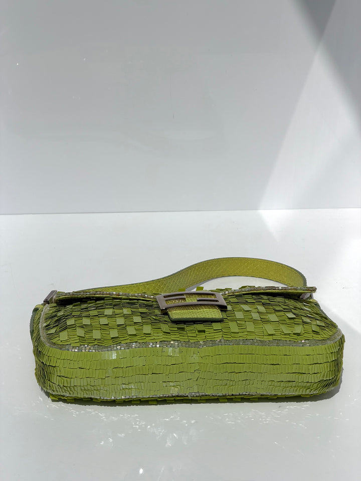 Fendi Lime Green Sequin Baguette Python Trim Silver Hardware 2000