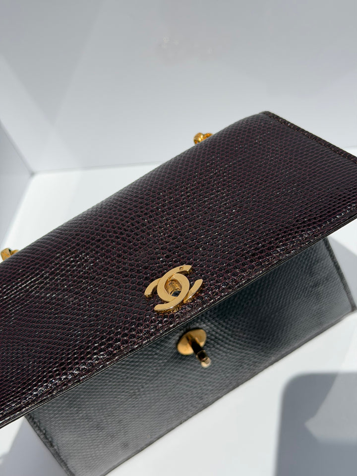 Chanel Small Trapezoid Flap Bag Burgundy Lizard Leather Gold Hardware With Bijoux Chain 1989