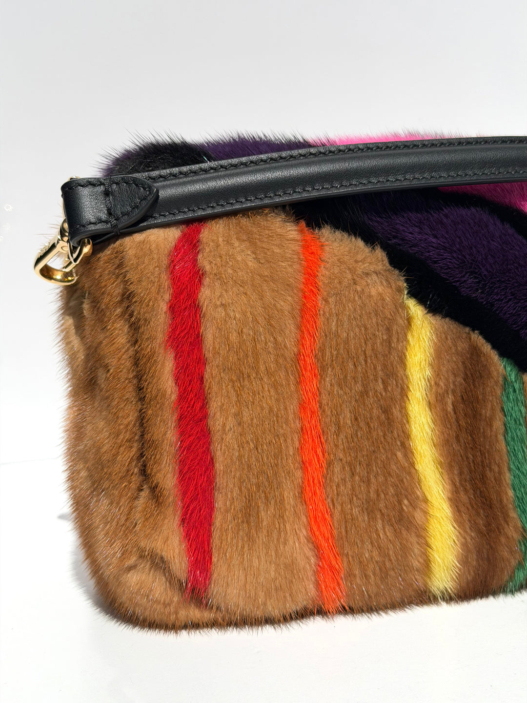 Fendi Baguette Visone Intarsio Arcobaleno Multicolor Mink Fur Gold Hardware 2022