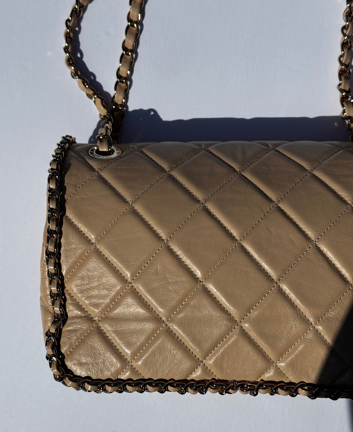 Chanel Beige Crumpled Calfskin Medium Chain All Over Flap Bag