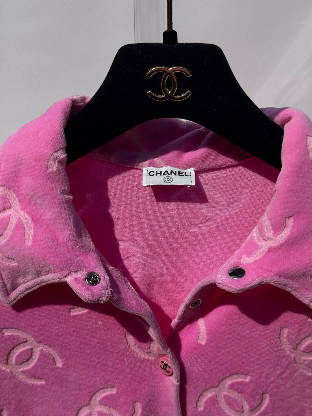 Chanel Spring 1996 Pink Velour CC Button Top X EstherandSasha