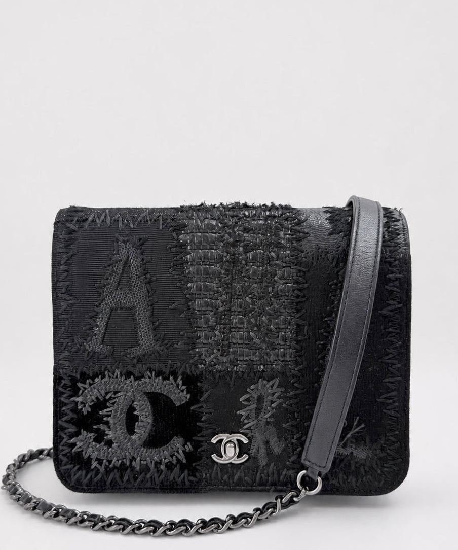 Chanel Black Mixed Media Patchwork Square Wallet on Chain Silver Hardware 2018