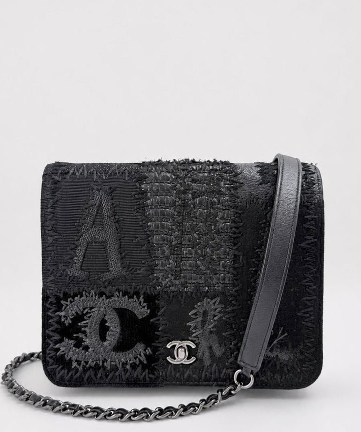 Chanel Black Mixed Media Patchwork Square Wallet on Chain Silver Hardware 2018
