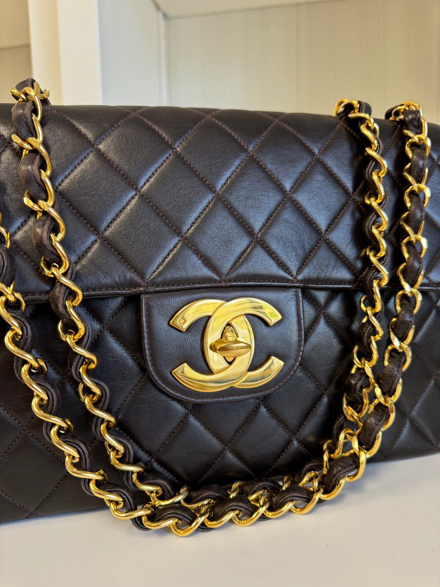 Chanel Chocolate Brown Vintage Lambskin Jumbo Flap Bag