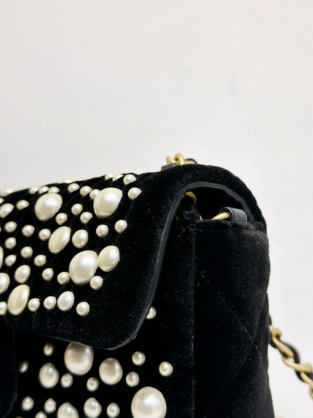 Chanel Black Velvet Mini Pearl Flap Bag