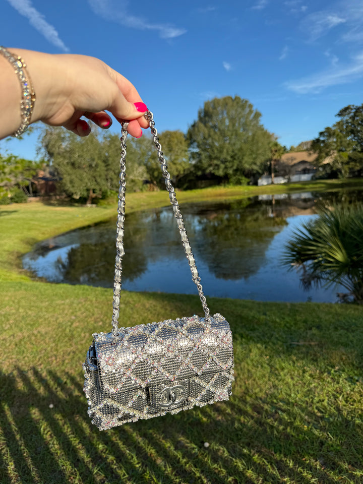Chanel Silver Crystal Embellished Mini Flap