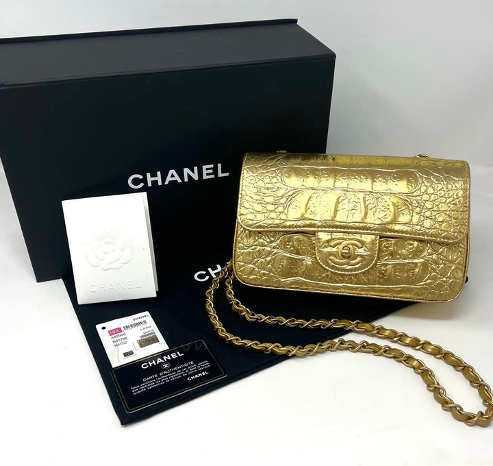Chanel Gold Croc Embossed Mini Rectangular Flap Bag