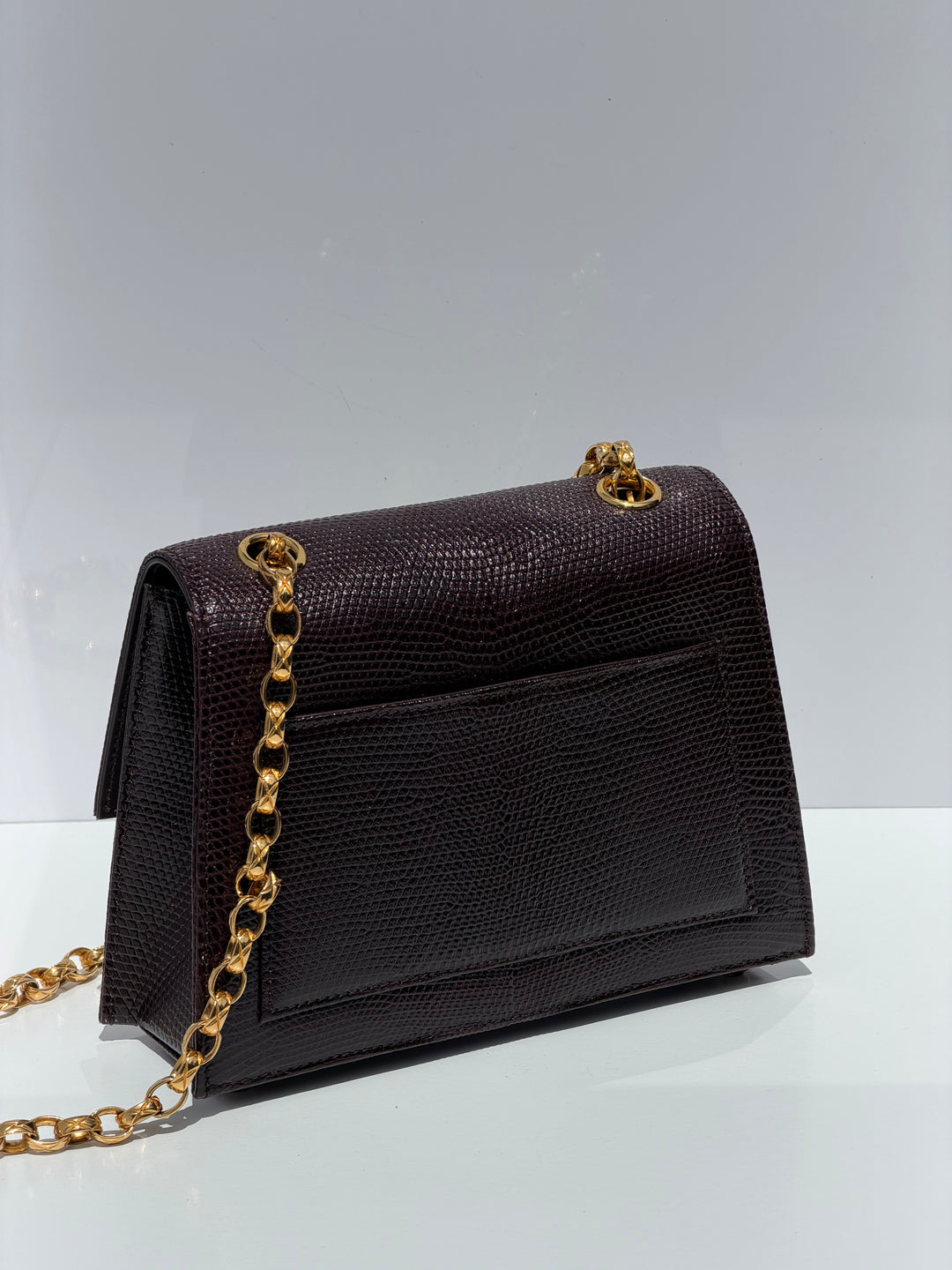 Chanel Small Trapezoid Flap Bag Burgundy Lizard Leather Gold Hardware With Bijoux Chain 1989