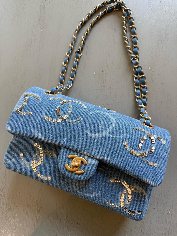 Chanel 23b Medium Denim Sequin CC Classic Flap Bag
