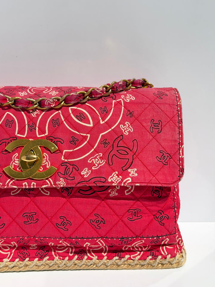Chanel Vintage Red Bandana Paisley Print Straw Maxi Jumbo Flap Bag 1994