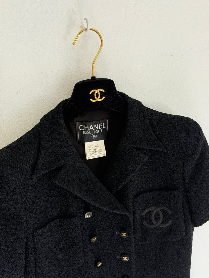 Chanel 1995 Black Tweed CC Logo Peplum Jacket