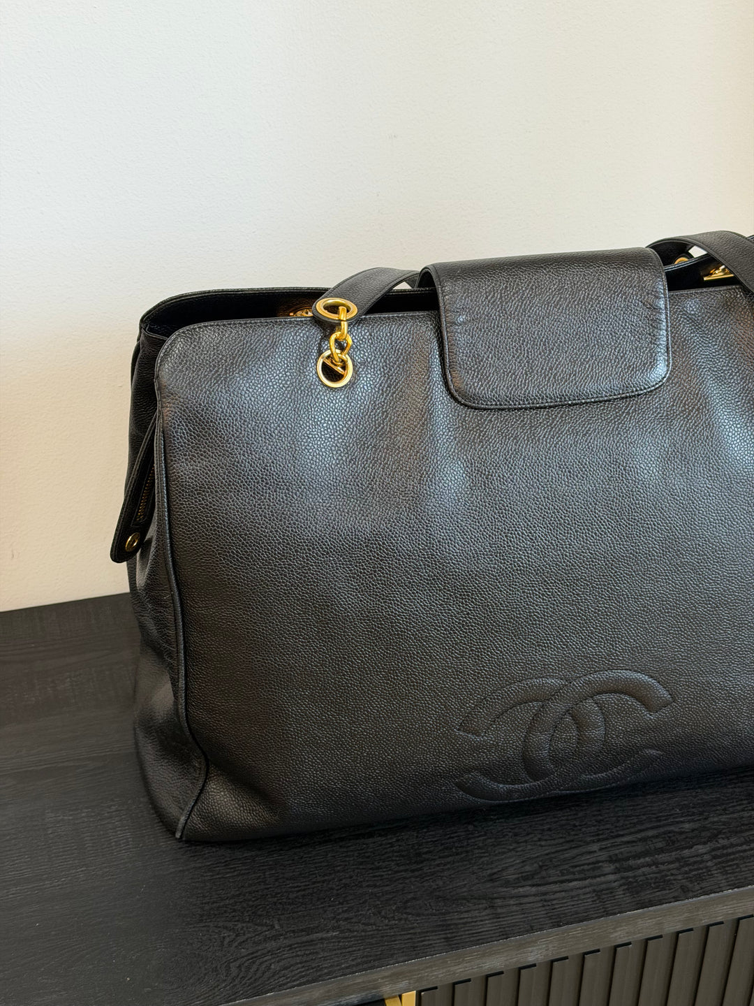 Chanel Black Caviar XL Supermodel Tote Bag 24K Gold Plated Hardware 1994