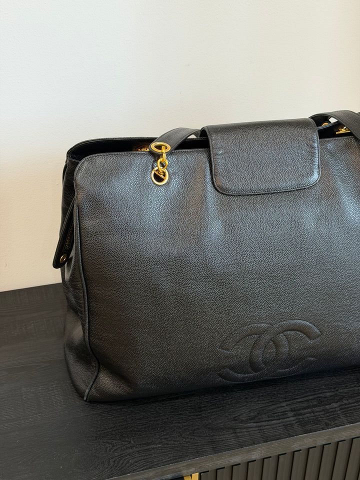 Chanel Black Caviar XL Supermodel Tote Bag 24K Gold Plated Hardware 1994