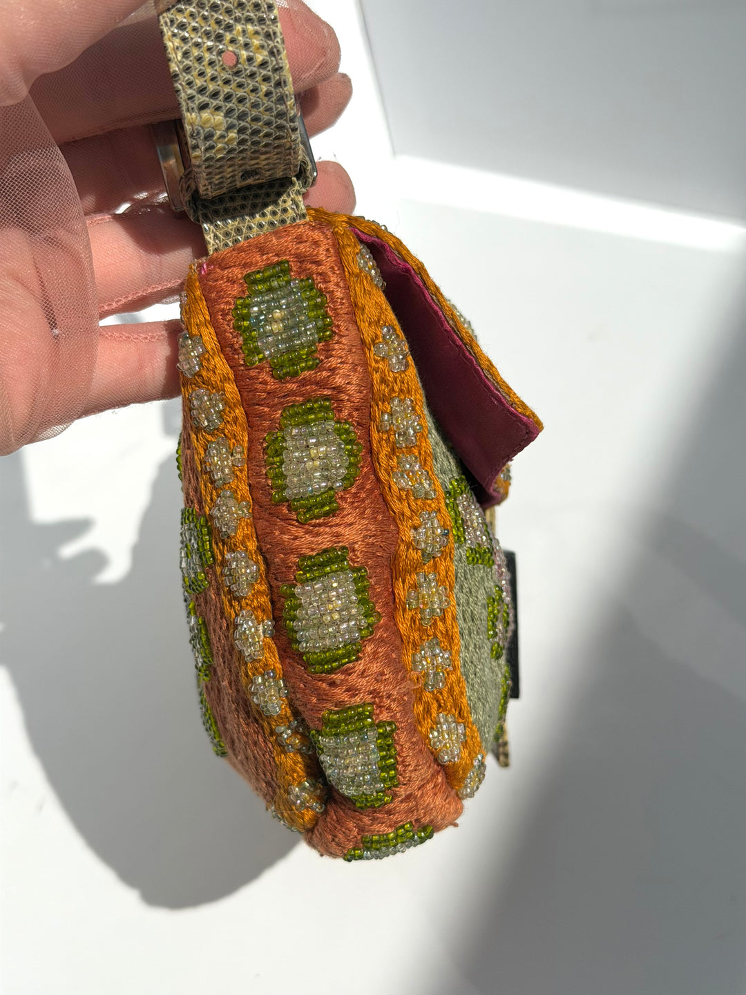Fendi Multicolor Orange Beaded Baguette Lizard Trim Silver Hardware