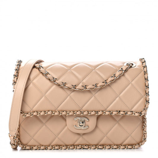 Chanel Beige Crumpled Calfskin Medium Chain All Over Flap Bag