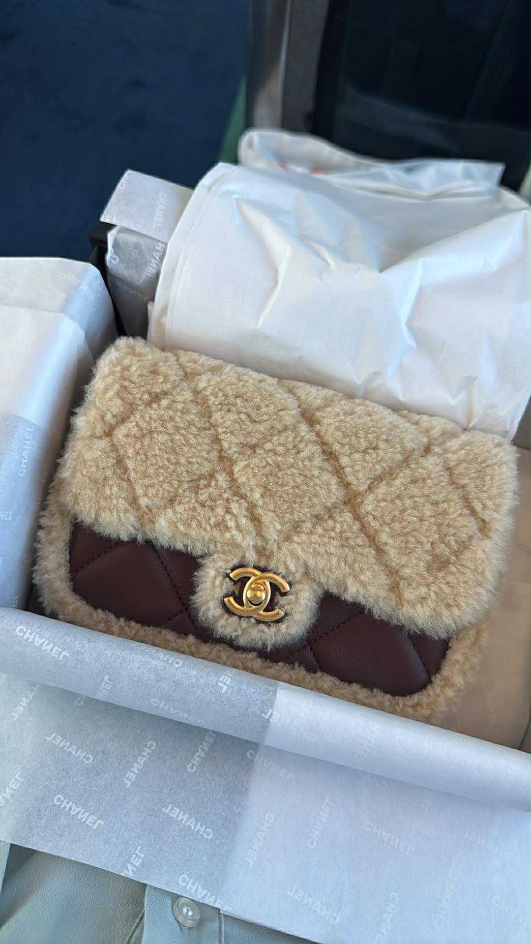 Chanel 25K Brown Mini Shearling Flap Bag