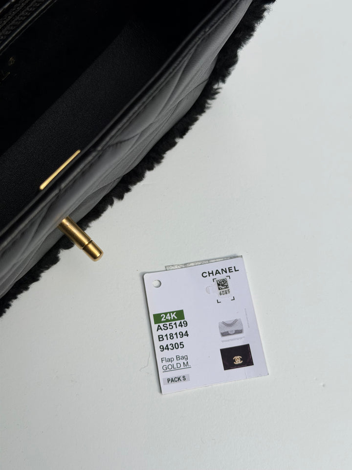 Chanel 24K Black Shearling Medium Flap Bag