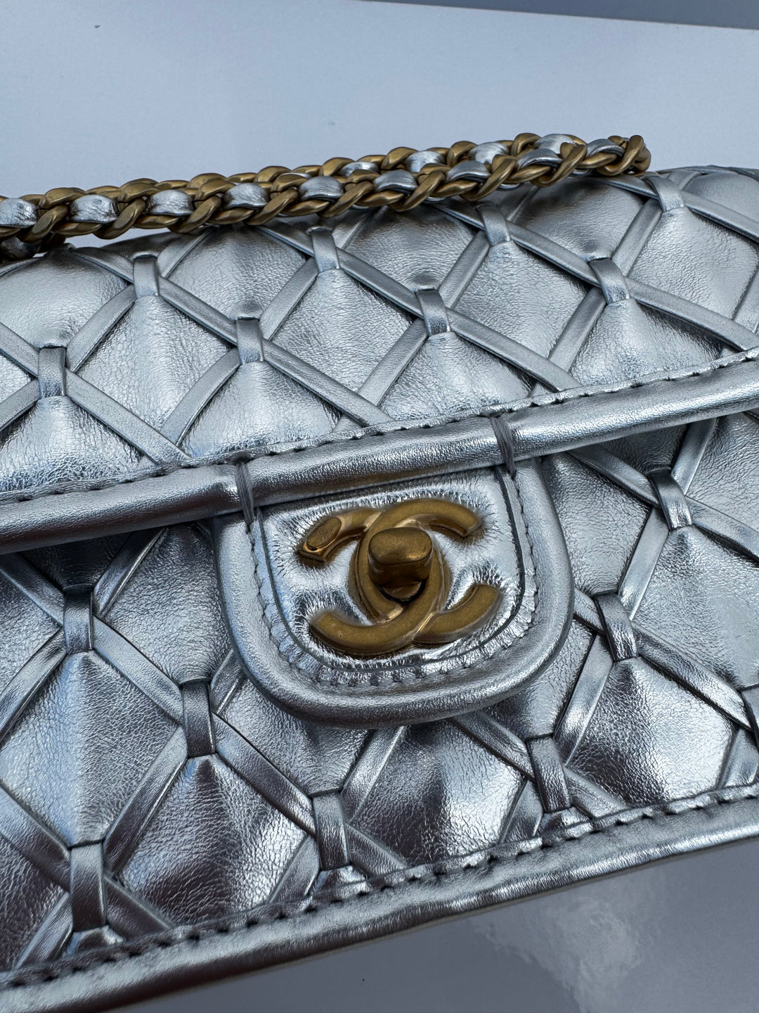 Chanel Silver Metallic Mini Braided Calfskin Flap Bag