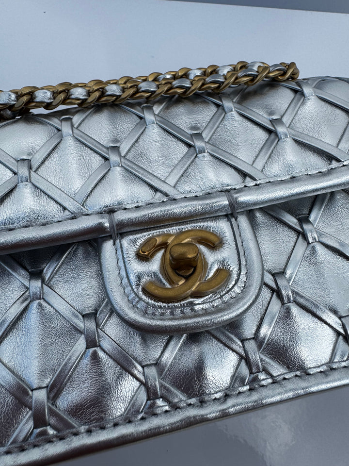 Chanel Silver Metallic Mini Braided Calfskin Flap Bag