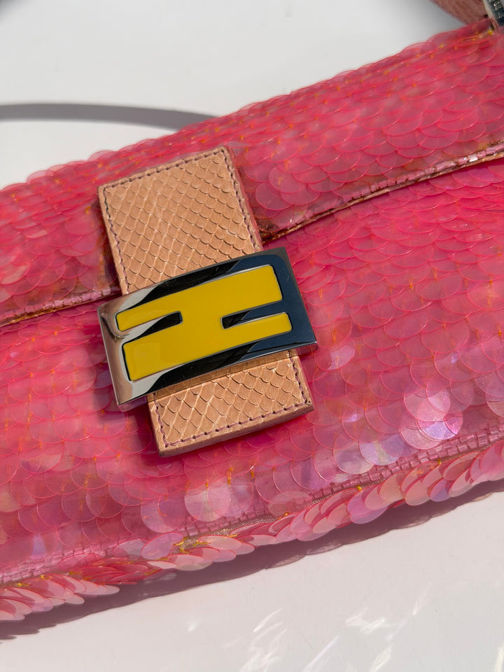 Fendi Pink Sequin Baguette Python Trim Silver Hardware 1998